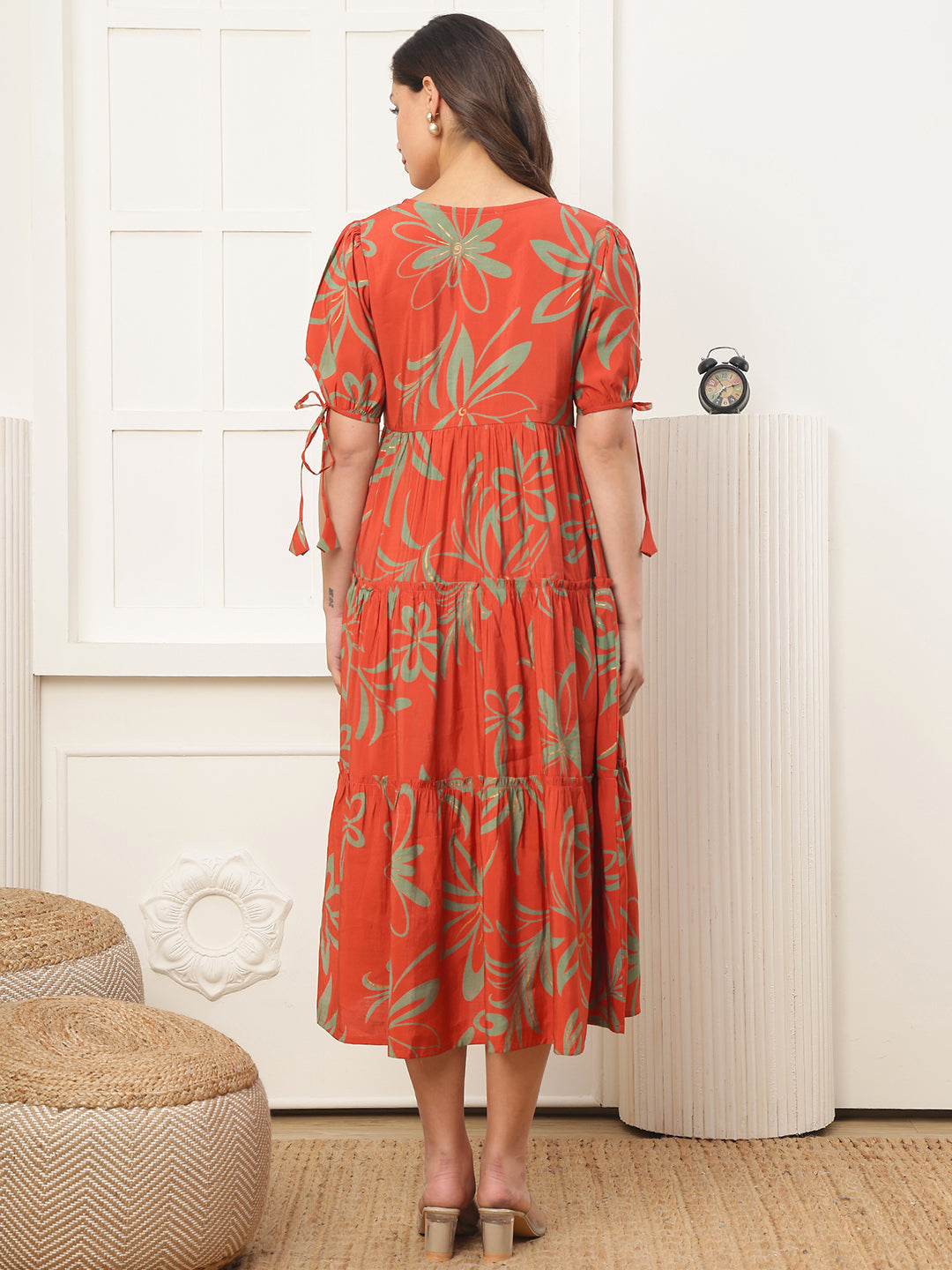 Back view of model in orange floral Dresses