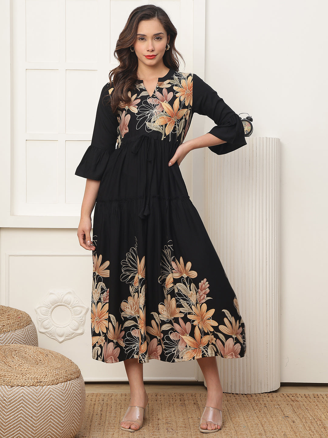 Black Rayon Dress with comfortable 3/4 sleeves