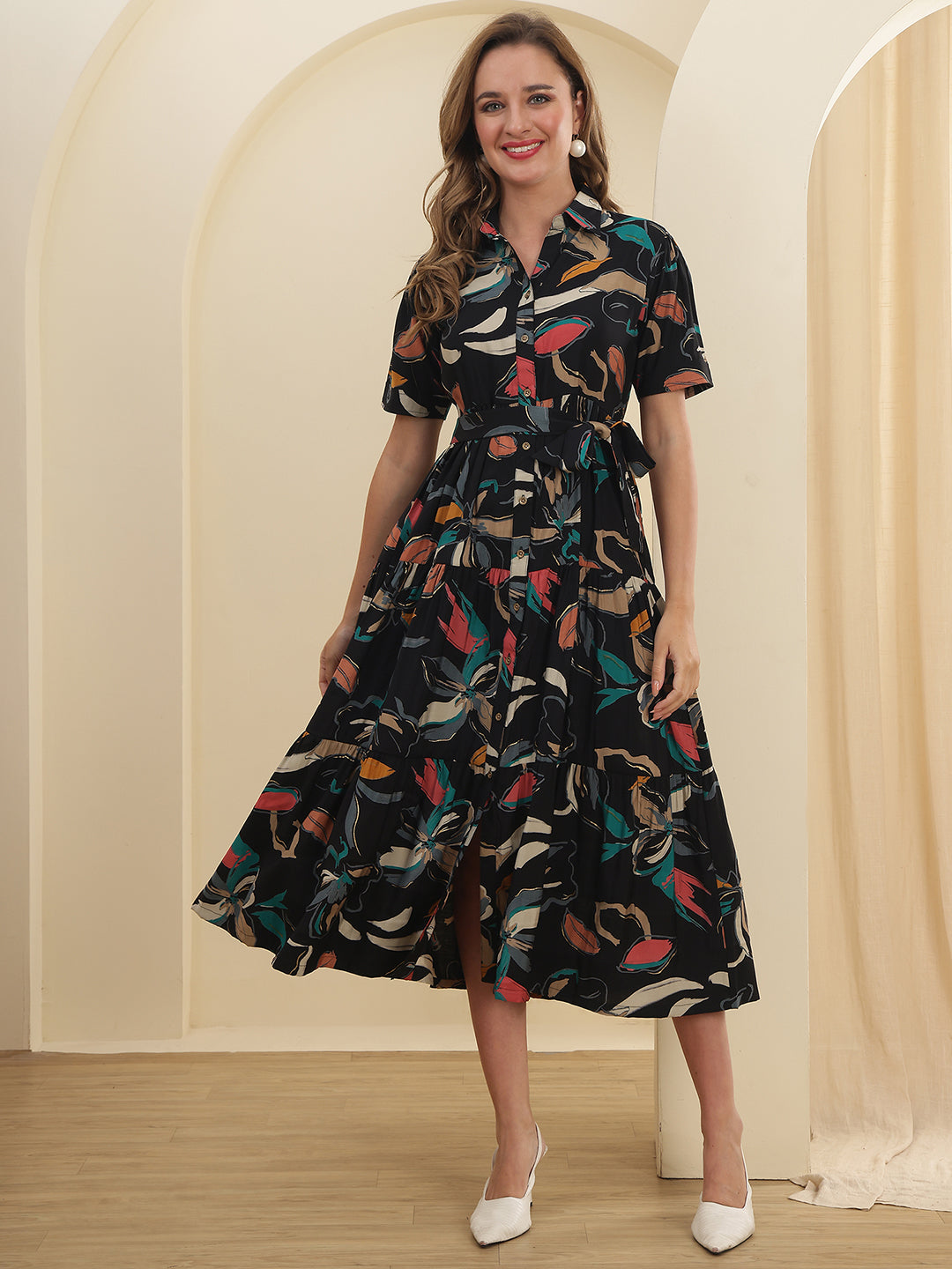 Black Floral Printed Chanderi Silk Dress for Women | Claura