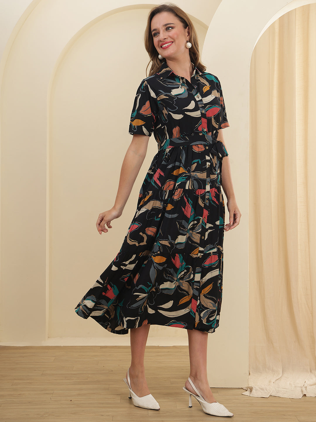 Black Floral Printed Chanderi Silk Dress for Women | Claura