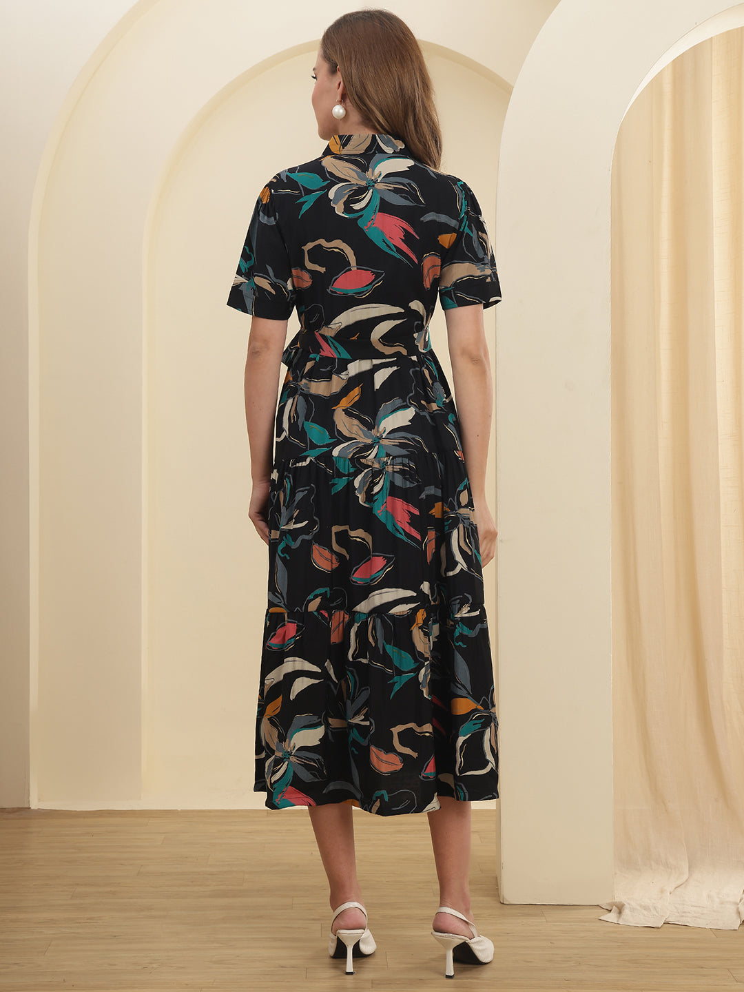 Black Floral Printed Chanderi Silk Dress for Women | Claura