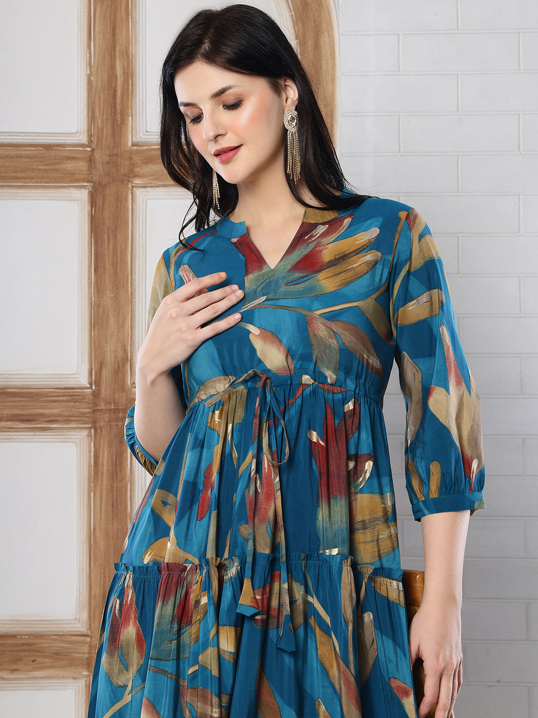 Blue Floral Printed Chanderi Silk Dress for Women | Claura