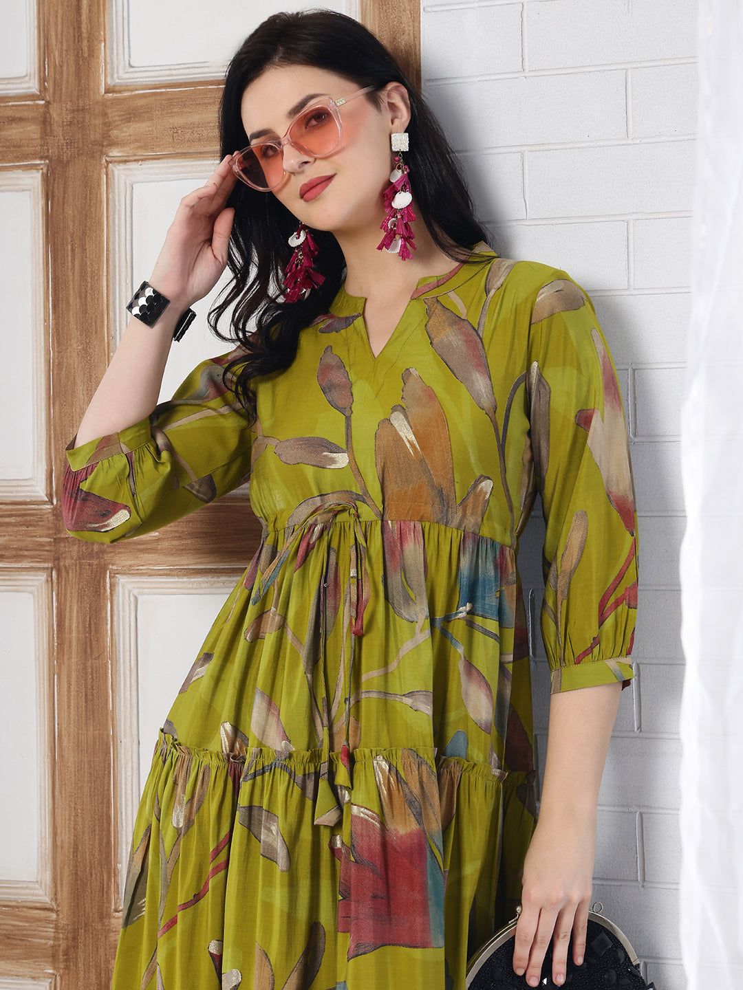 mustard yellow dress with flowers Hand Painted Cotton Midi Dress in Mustard