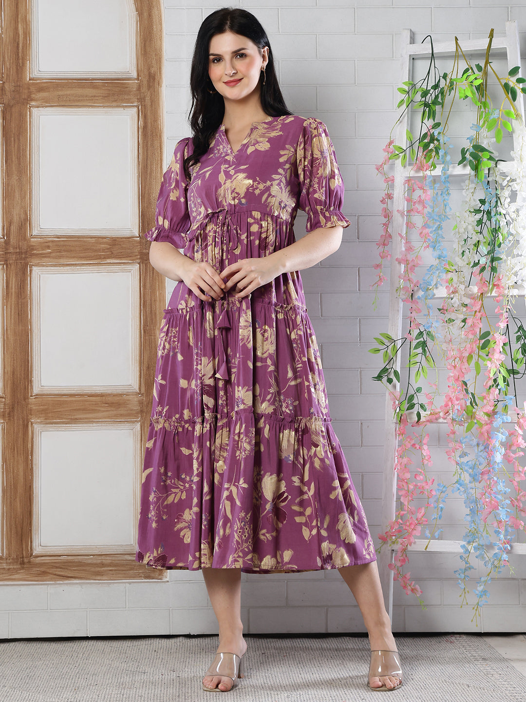 Mauve Floral Printed Chanderi Silk Dress for Women | Claura