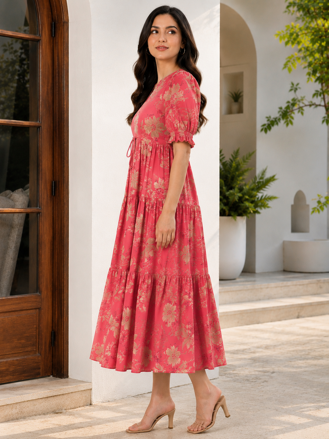 Orange Floral Printed Chanderi Silk Dress for Women | Claura
