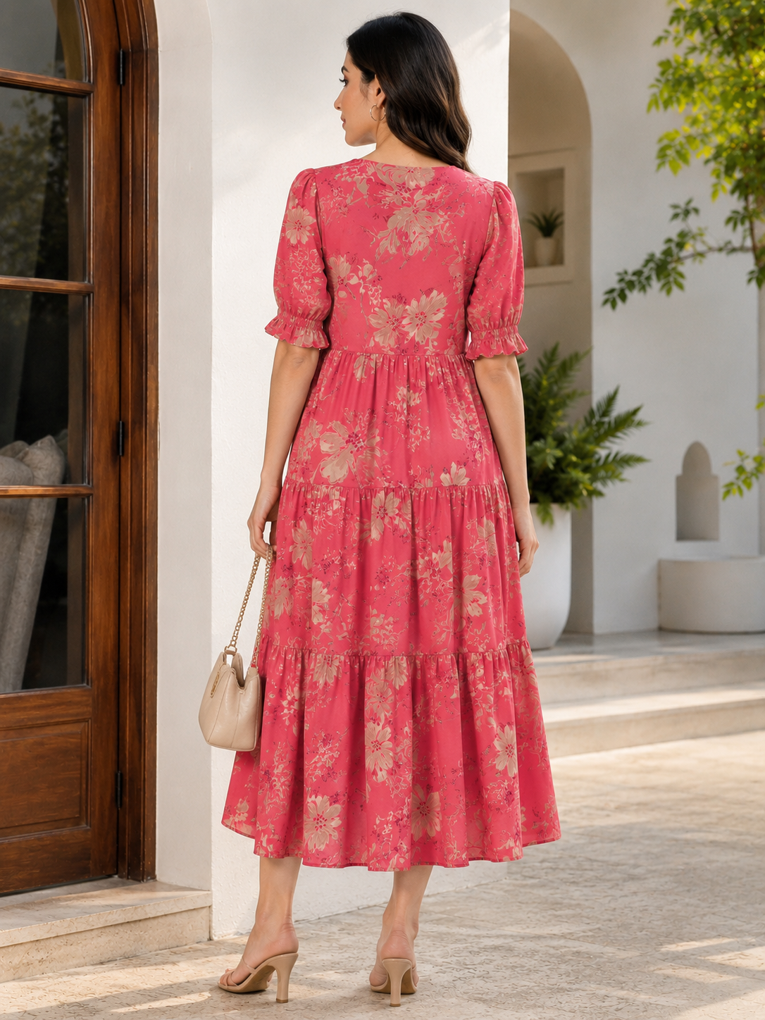 Orange Floral Printed Chanderi Silk Dress for Women | Claura