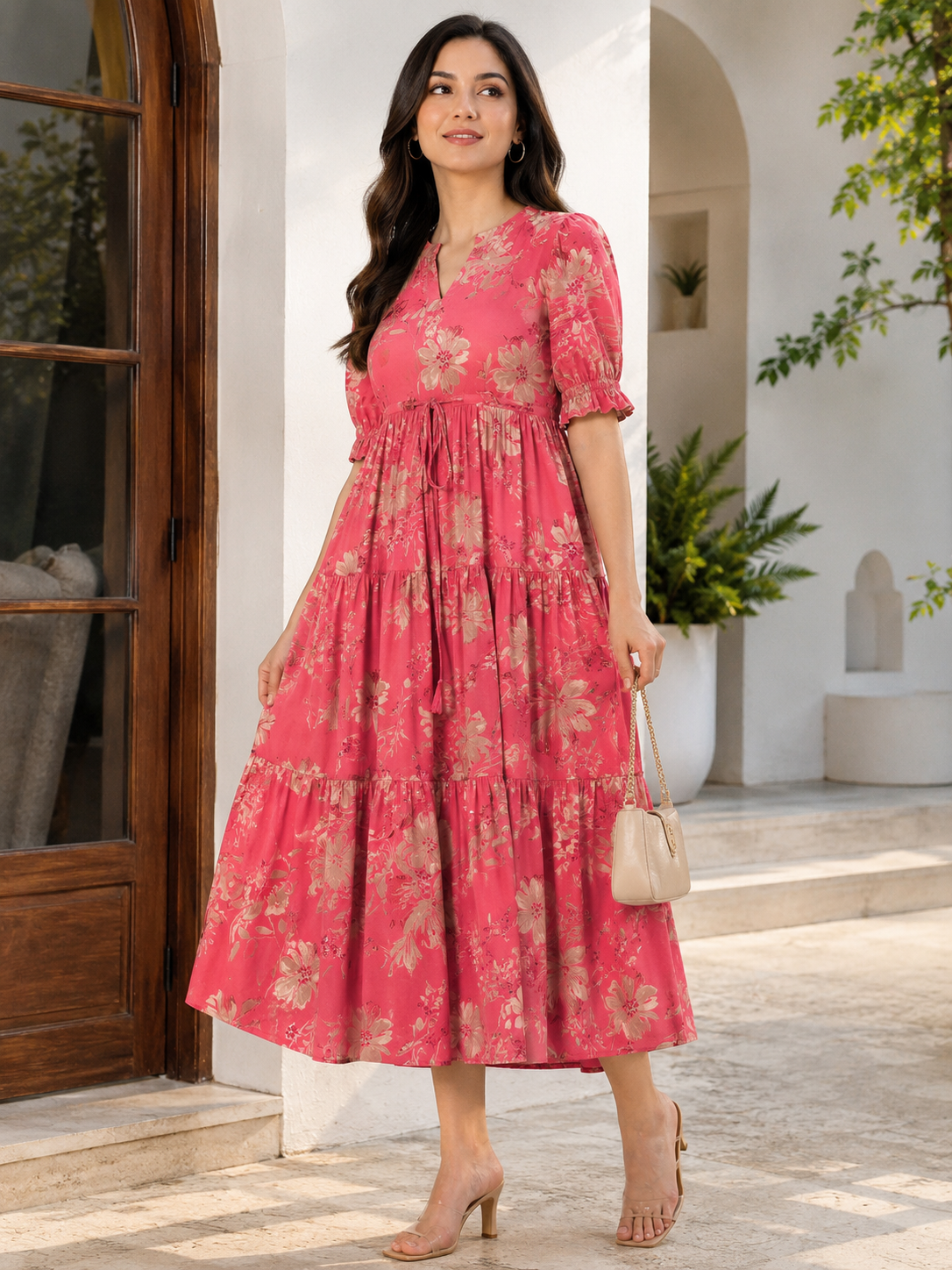 Orange Floral Printed Chanderi Silk Dress for Women | Claura