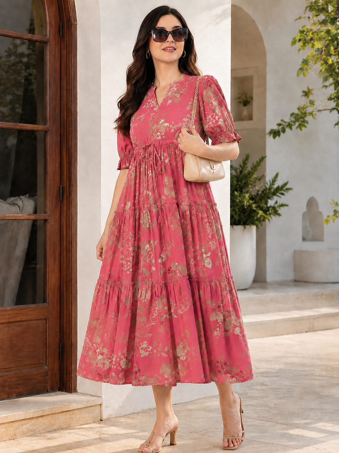 Orange Floral Printed Chanderi Silk Dress for Women | Claura