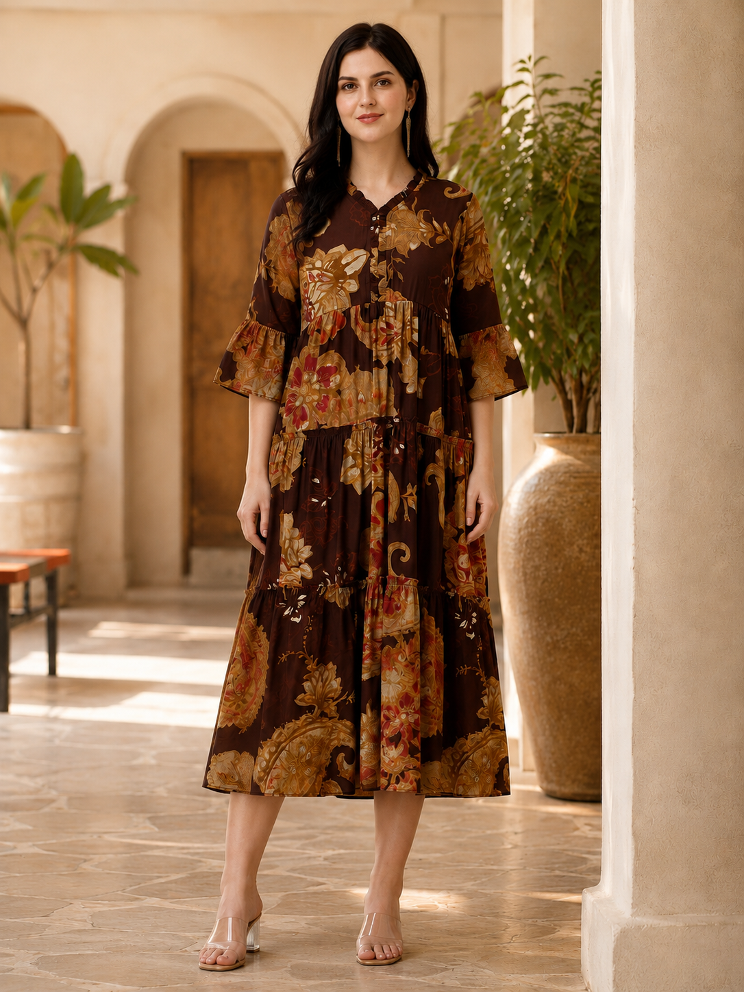 Brown Floral Printed Chanderi Silk Dress for Women | Claura