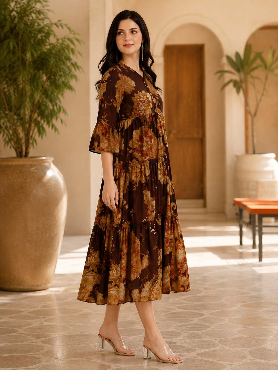 Brown Floral Printed Chanderi Silk Dress for Women | Claura