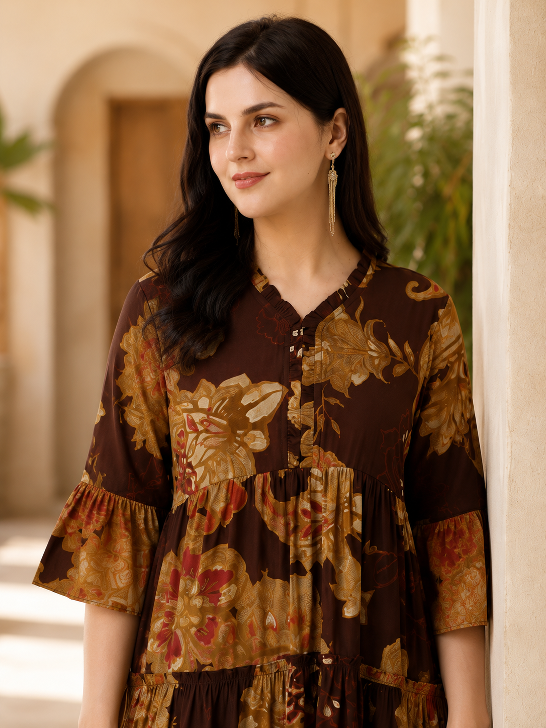 Brown Floral Printed Chanderi Silk Dress for Women | Claura