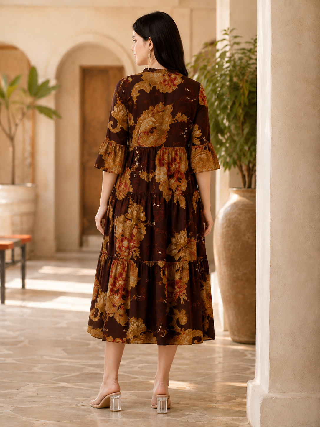 Brown Floral Printed Chanderi Silk Dress for Women | Claura
