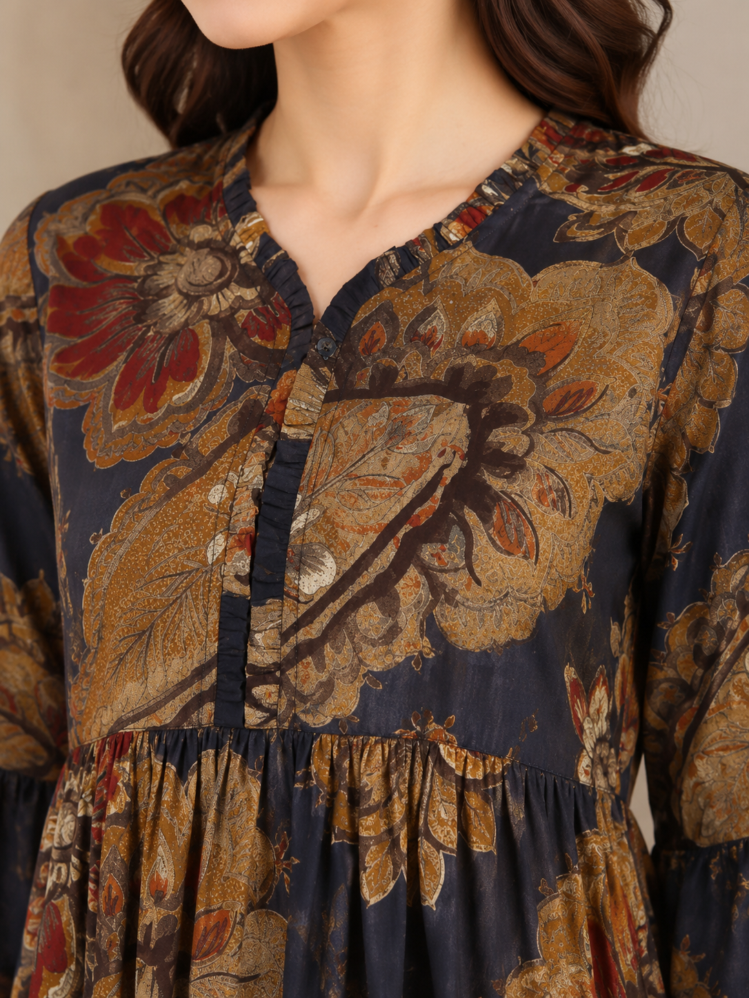 Grey Floral Printed Chanderi Silk Dress for Women | Claura