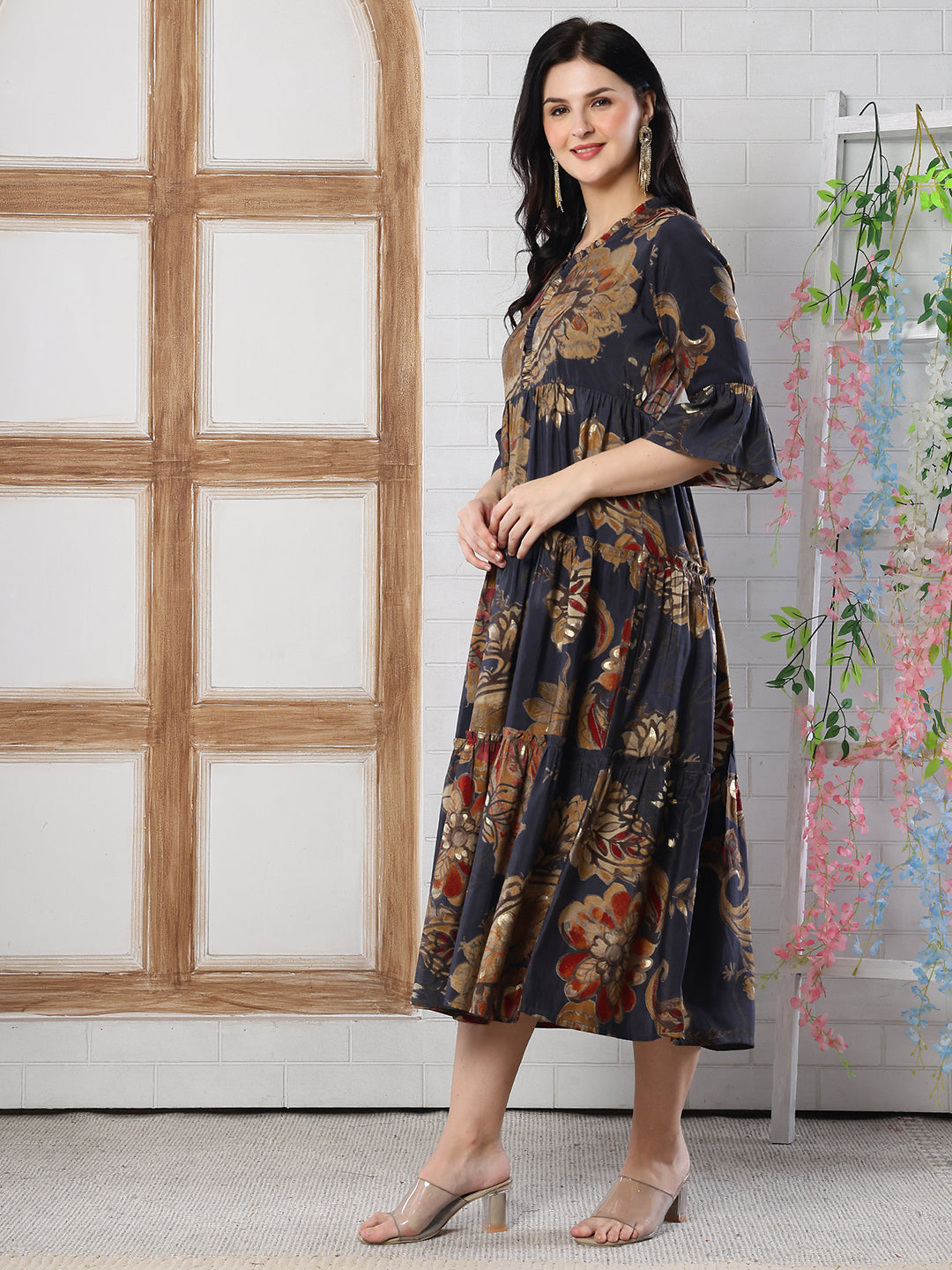 Grey Floral Printed Chanderi Silk Dress for Women | Claura
