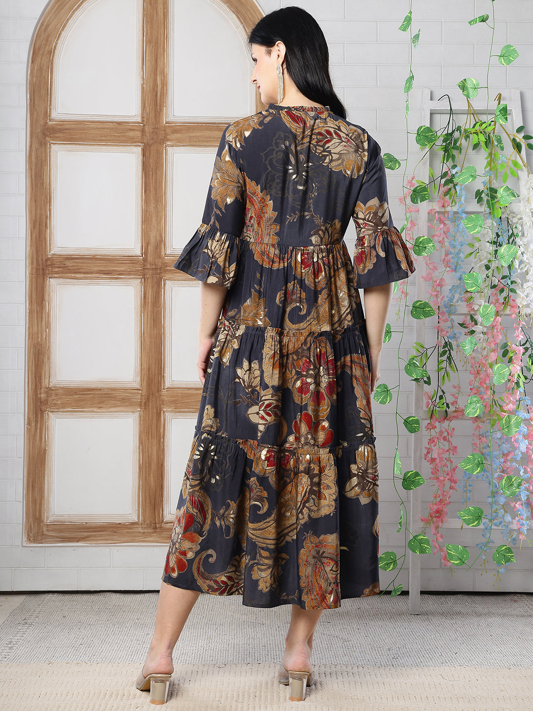 Grey Floral Printed Chanderi Silk Dress for Women | Claura