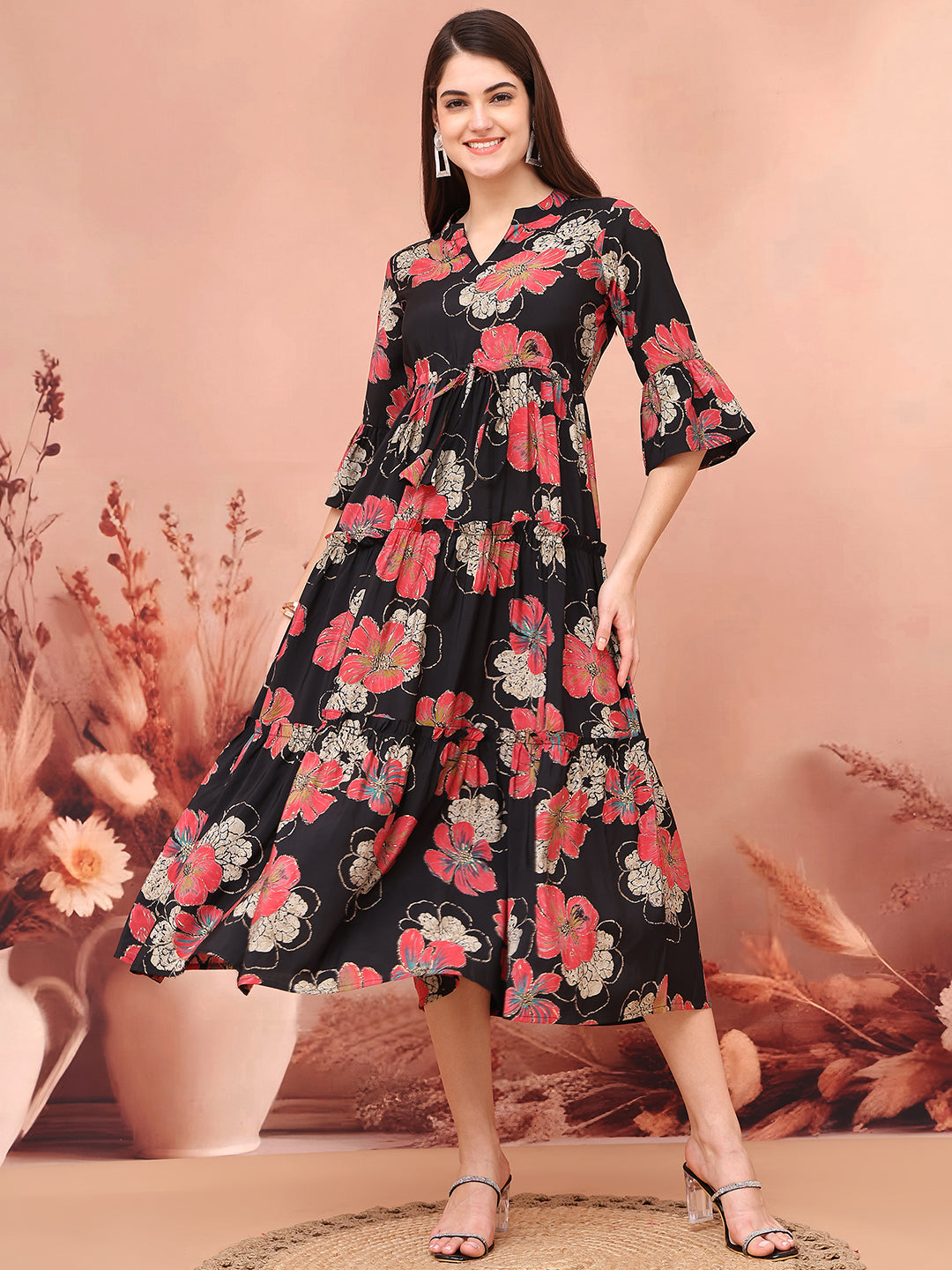 Woman wearing Black Floral Printed Dress