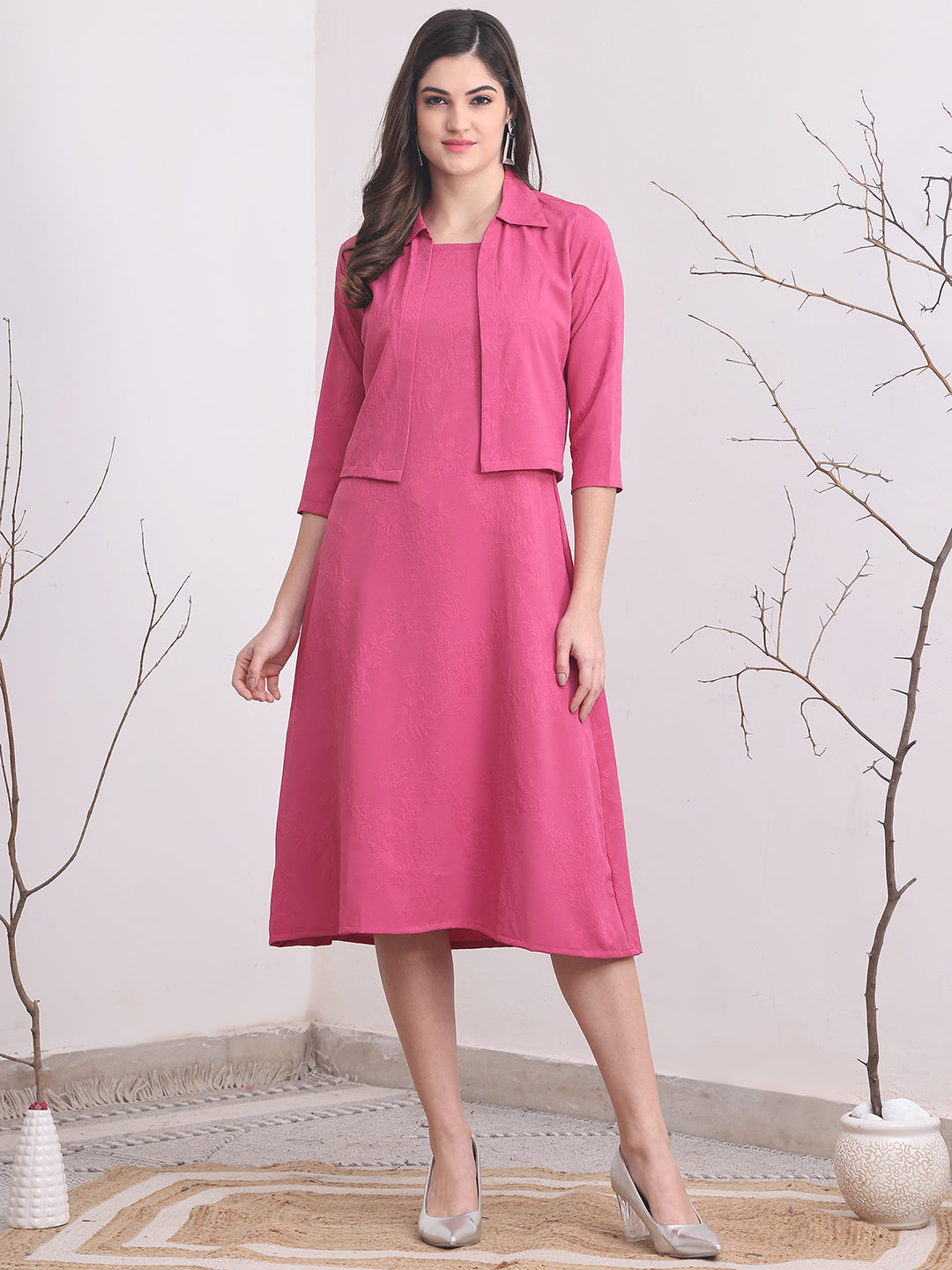 Pink Color Solid Printed Polyester Dress  with Jacket For Women S-XXL
