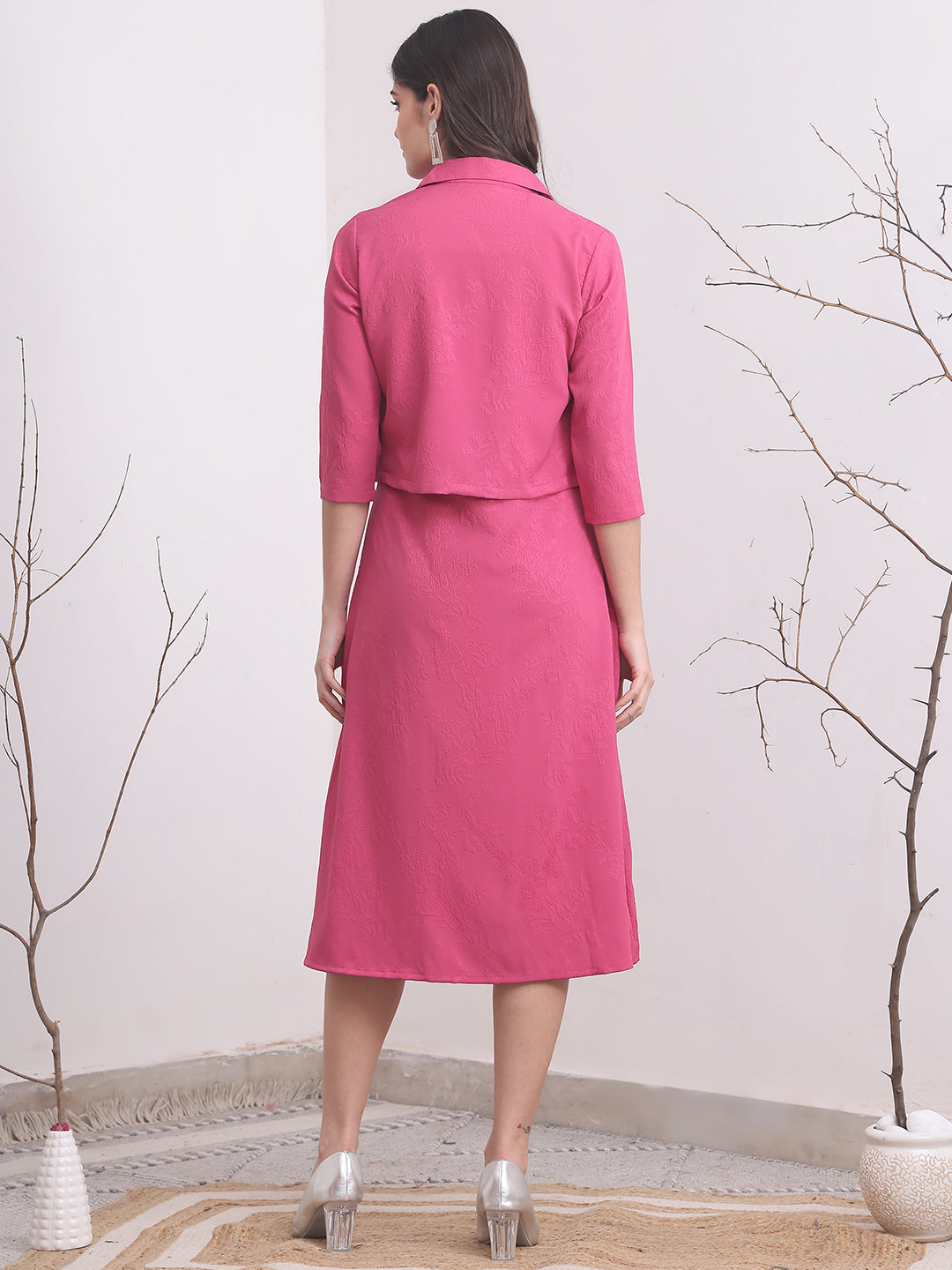 Pink Color Solid Printed Polyester Dress  with Jacket For Women S-XXL