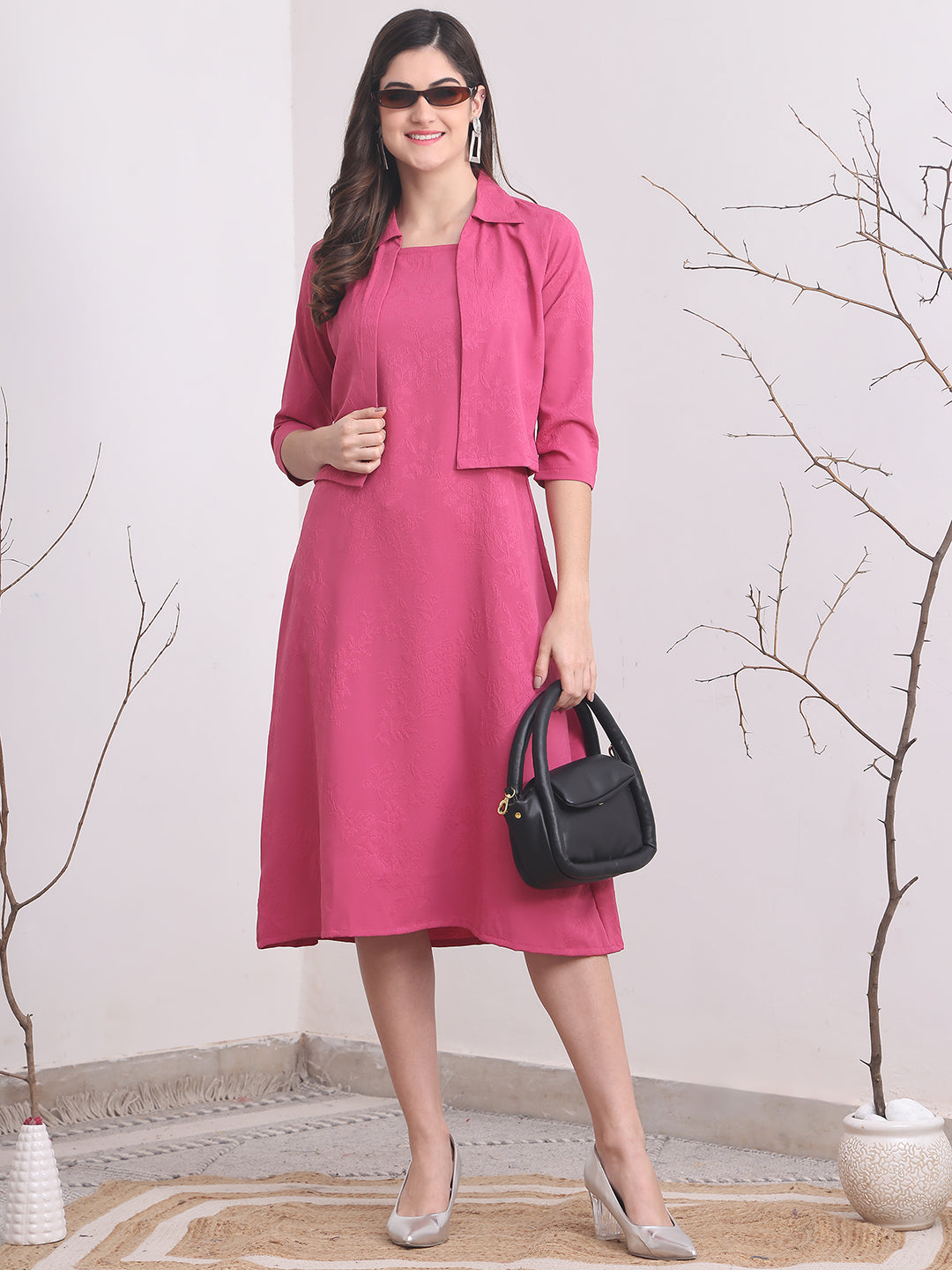 Pink Color Solid Printed Polyester Dress  with Jacket For Women S-XXL