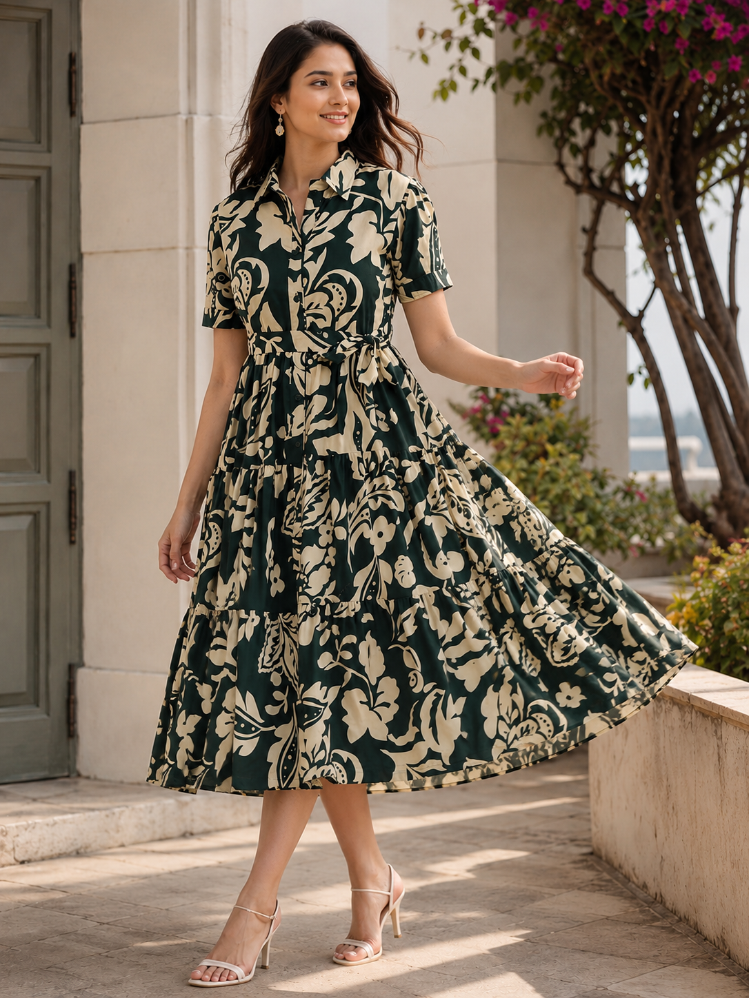 Green Cotton Floral Printed Dress | Claura