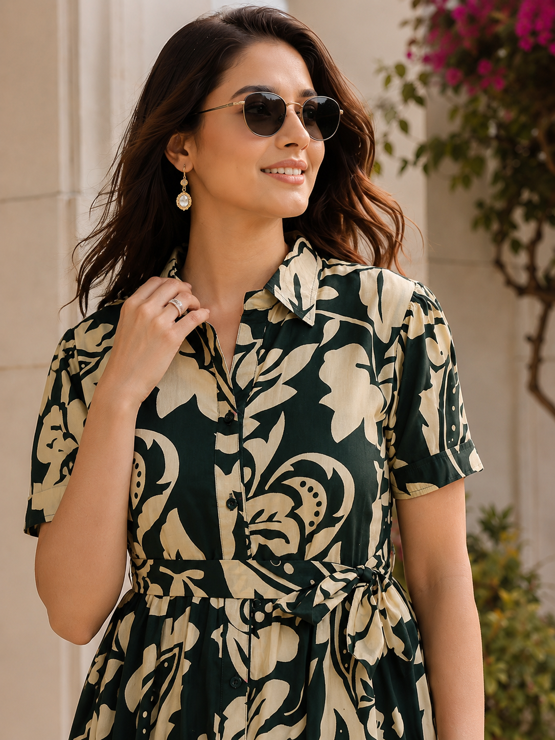 Green Cotton Floral Printed Dress | Claura