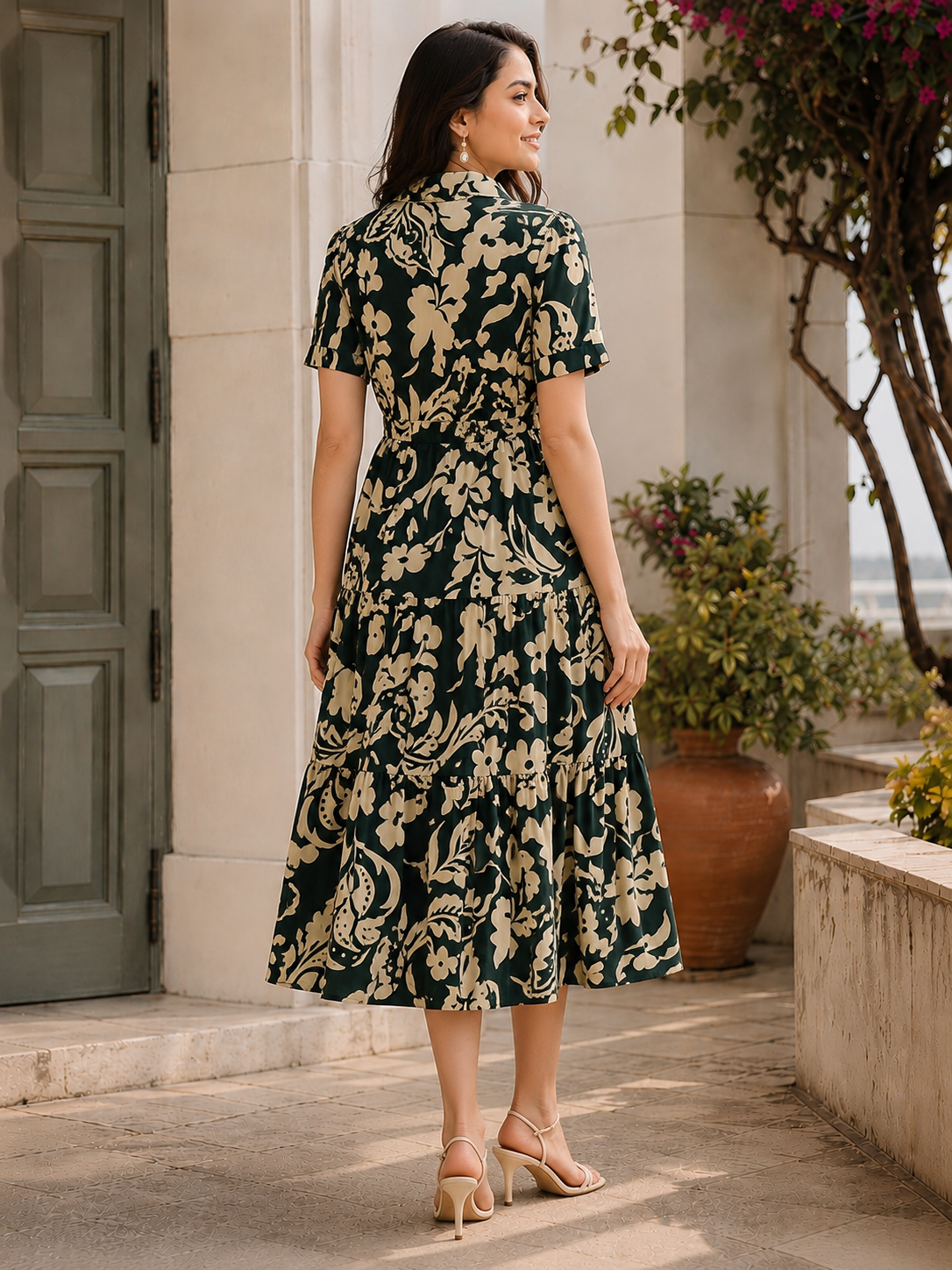 Green Cotton Floral Printed Dress | Claura