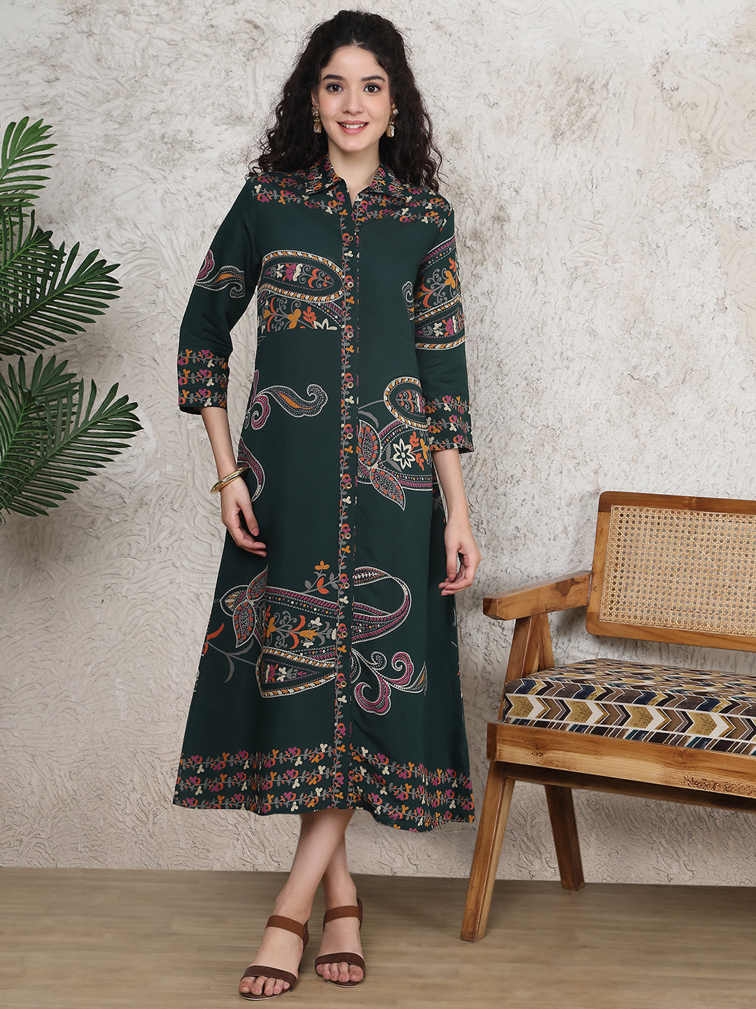 Green Colour Floral Printed Premium Chanderi Dress For Women