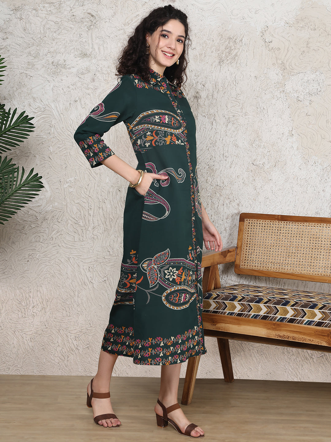 Green Colour Floral Printed Premium Chanderi Dress For Women