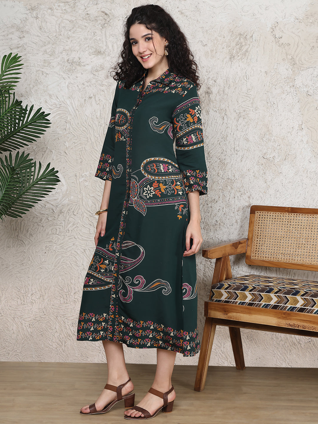 Green Colour Floral Printed Premium Chanderi Dress For Women