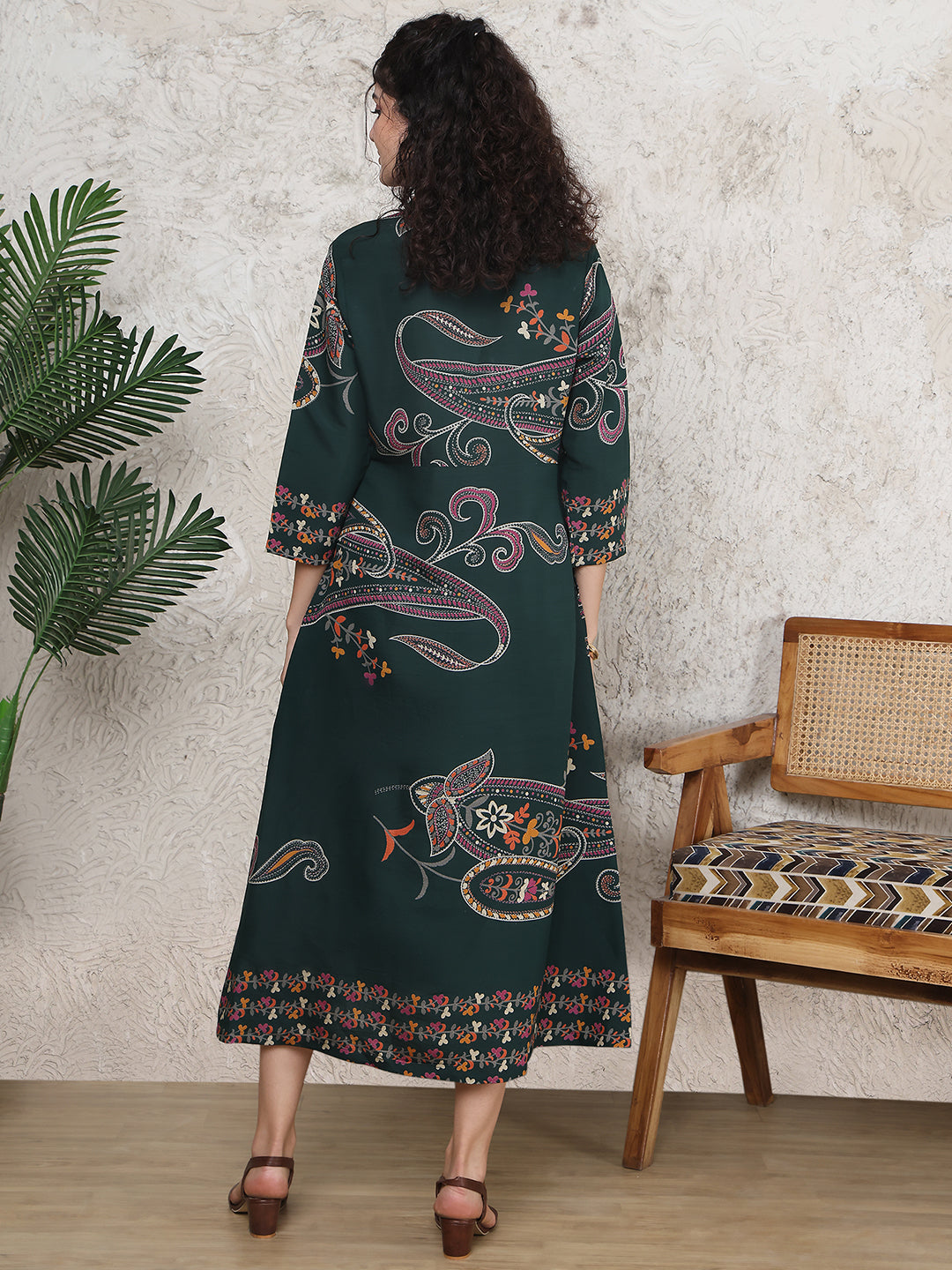 Green Colour Floral Printed Premium Chanderi Dress For Women