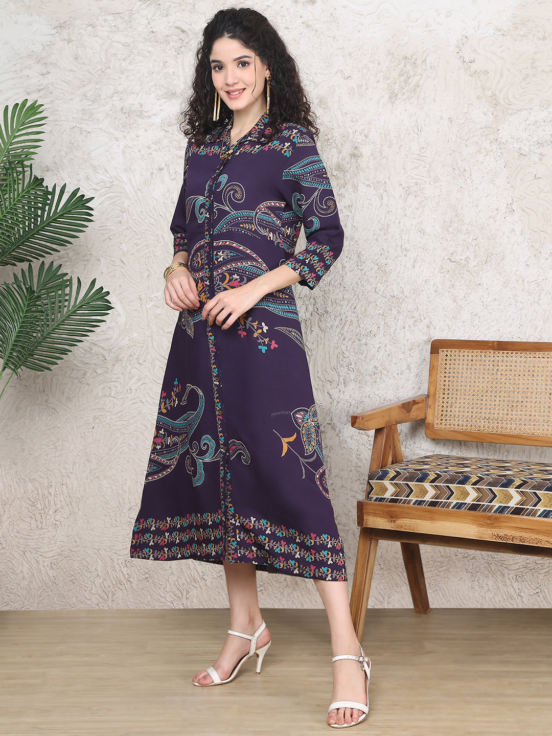 Purple Colour Floral Printed Premium Chanderi Dress For Women