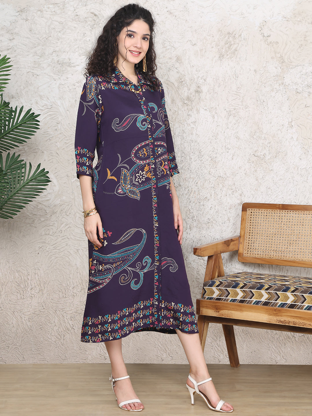 Purple Colour Floral Printed Premium Chanderi Dress For Women