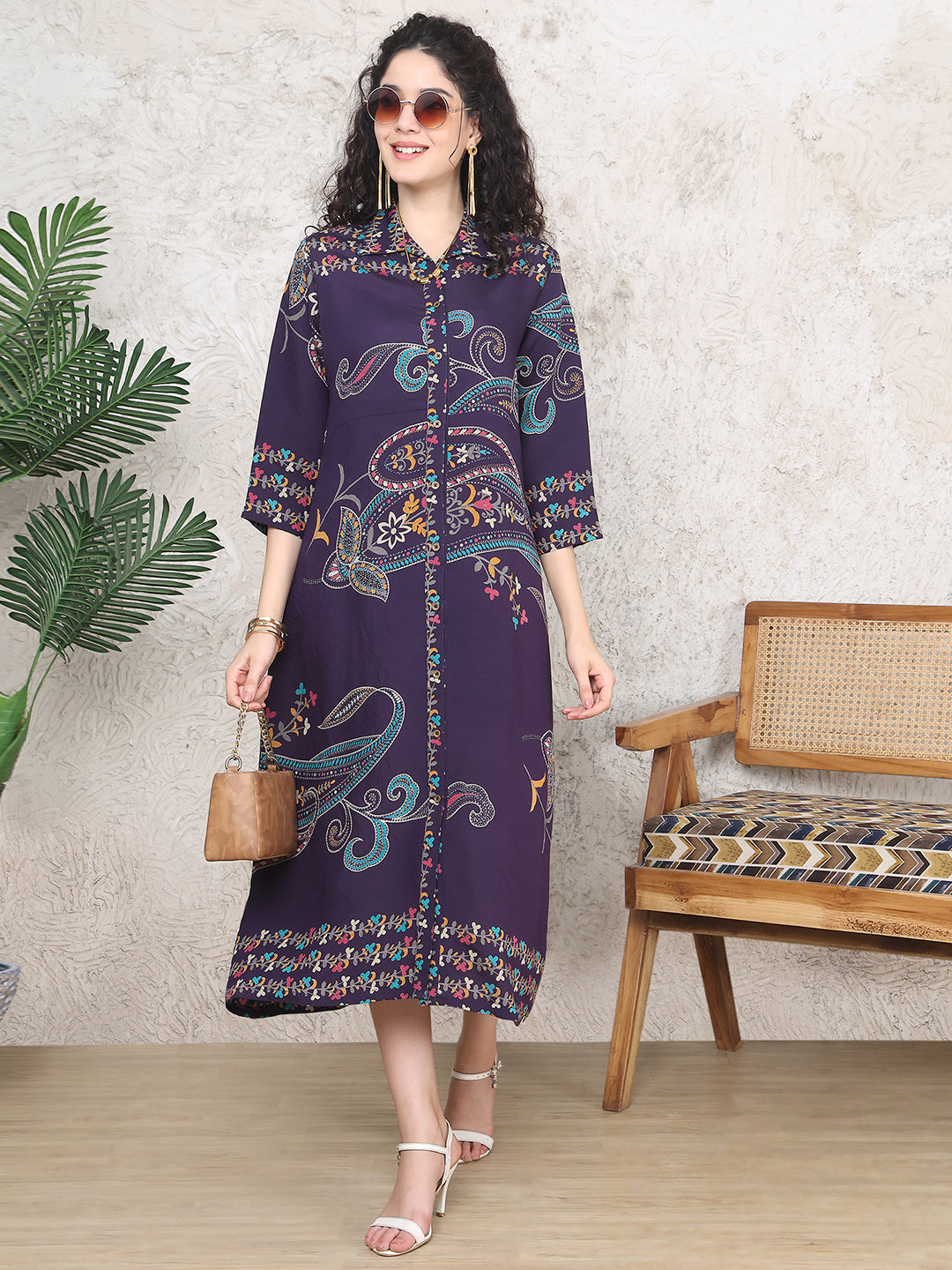 Purple Colour Floral Printed Premium Chanderi Dress For Women