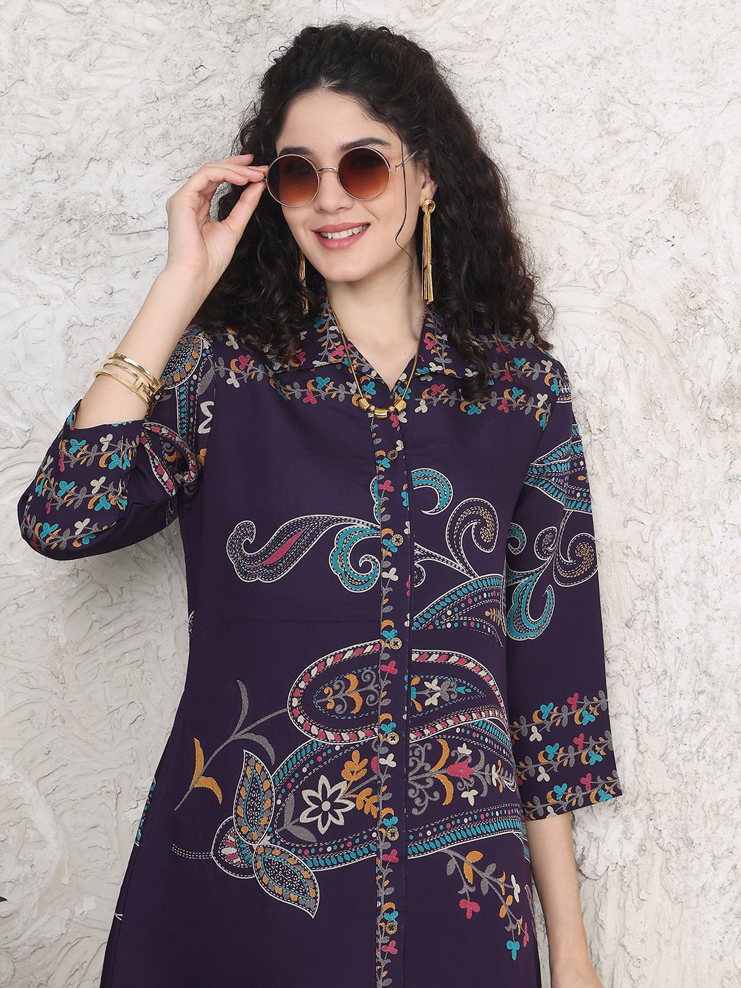 Purple Colour Floral Printed Premium Chanderi Dress For Women