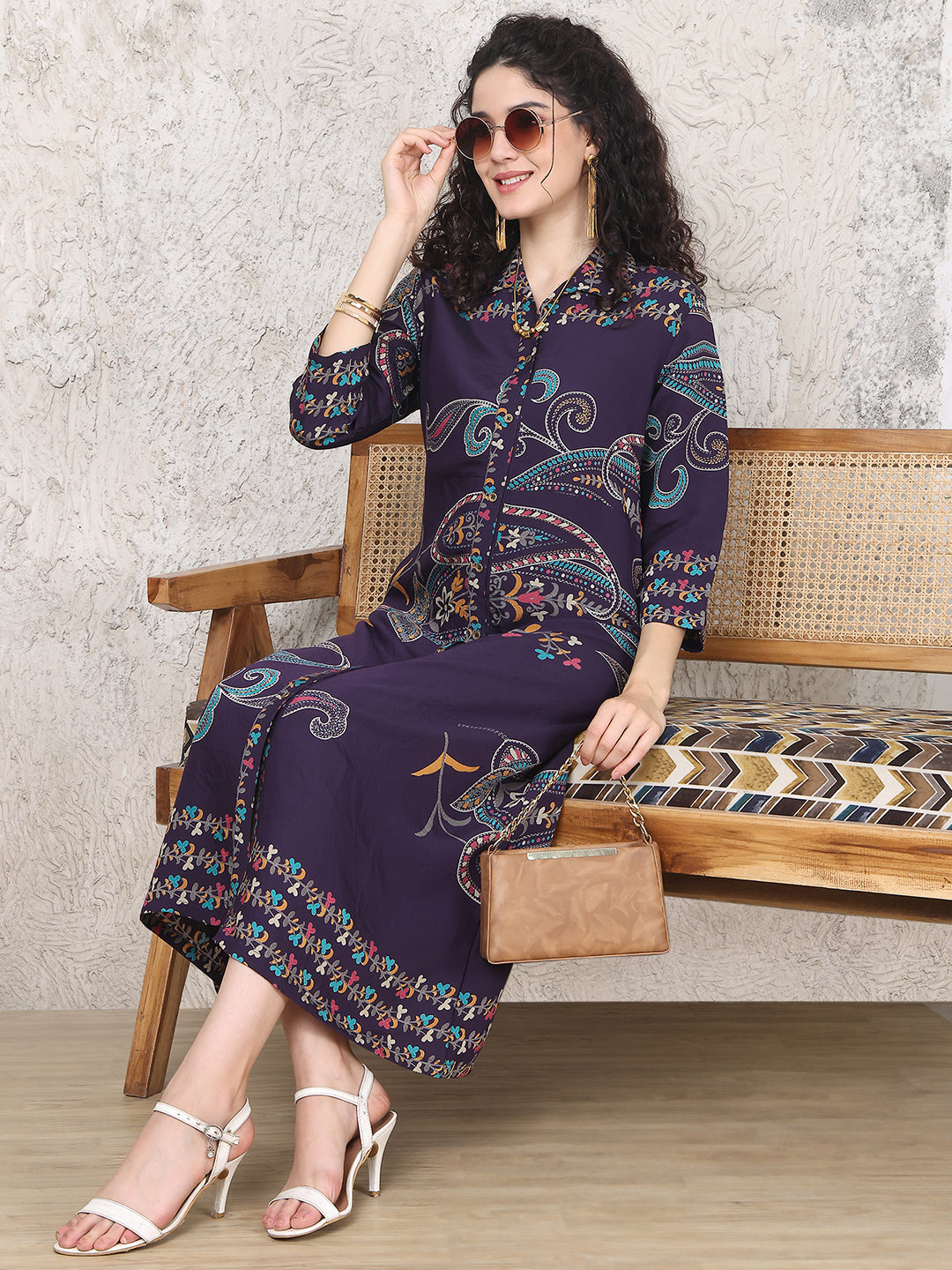 Purple Colour Floral Printed Premium Chanderi Dress For Women