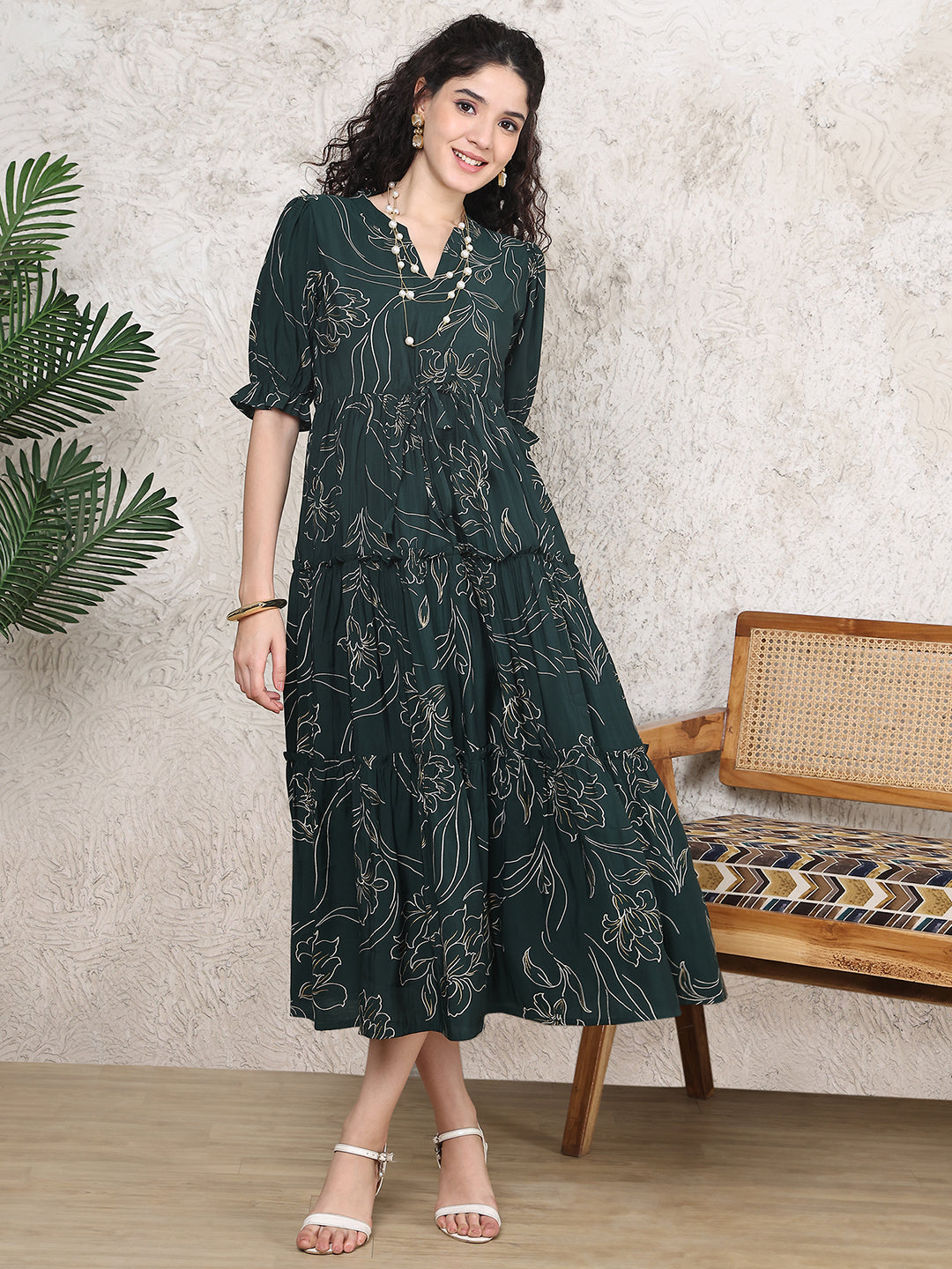 Green Colour Floral Printed Premium Chanderi Dress For Women