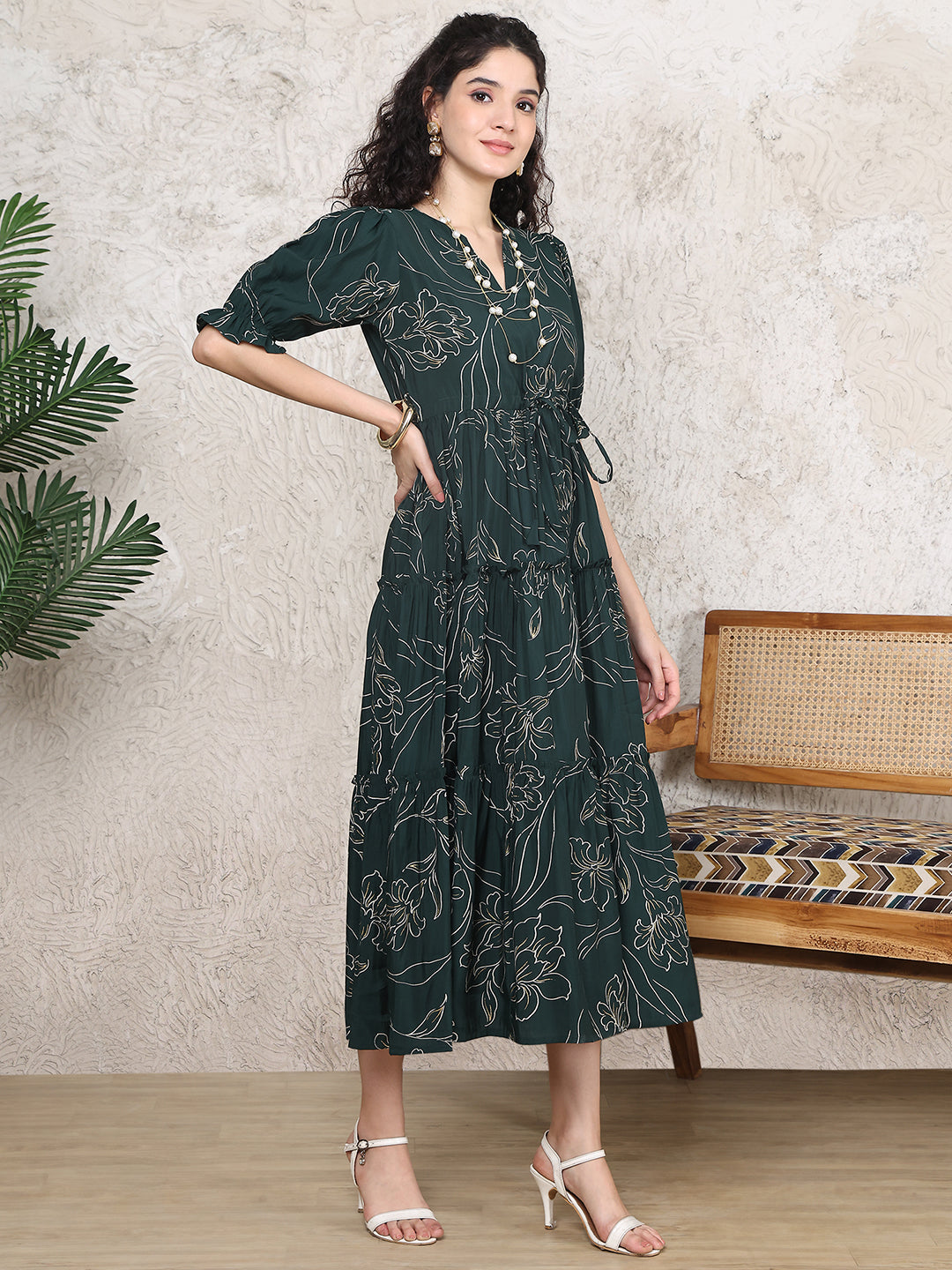 Green Colour Floral Printed Premium Chanderi Dress For Women