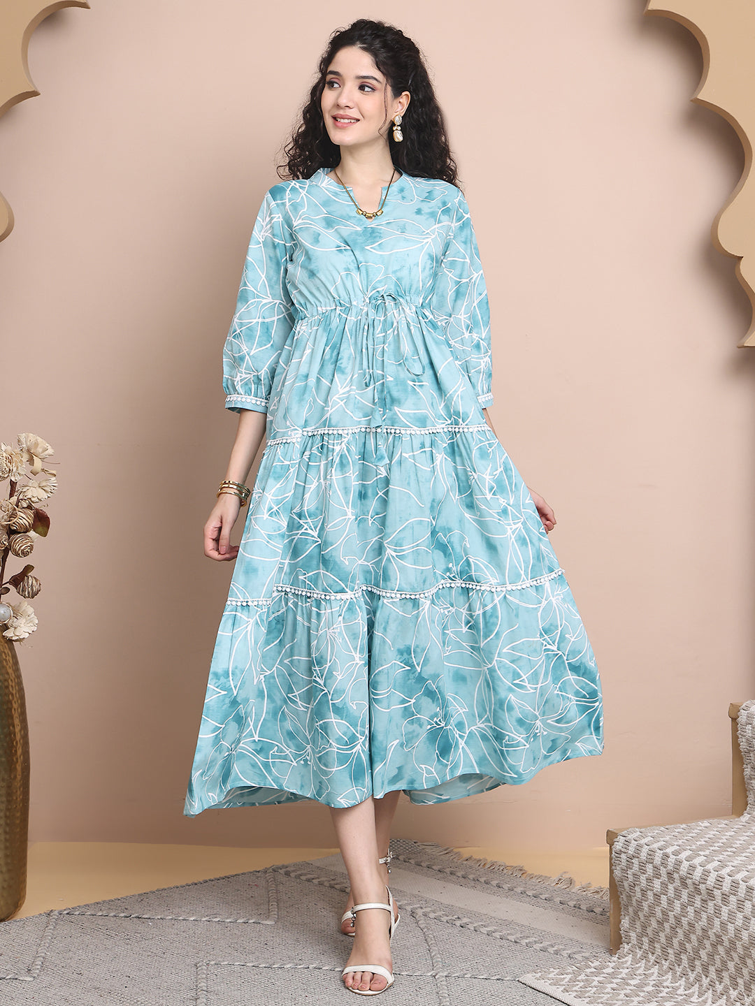 Blue Colour Floral Printed Pure Cotton Dress For Women