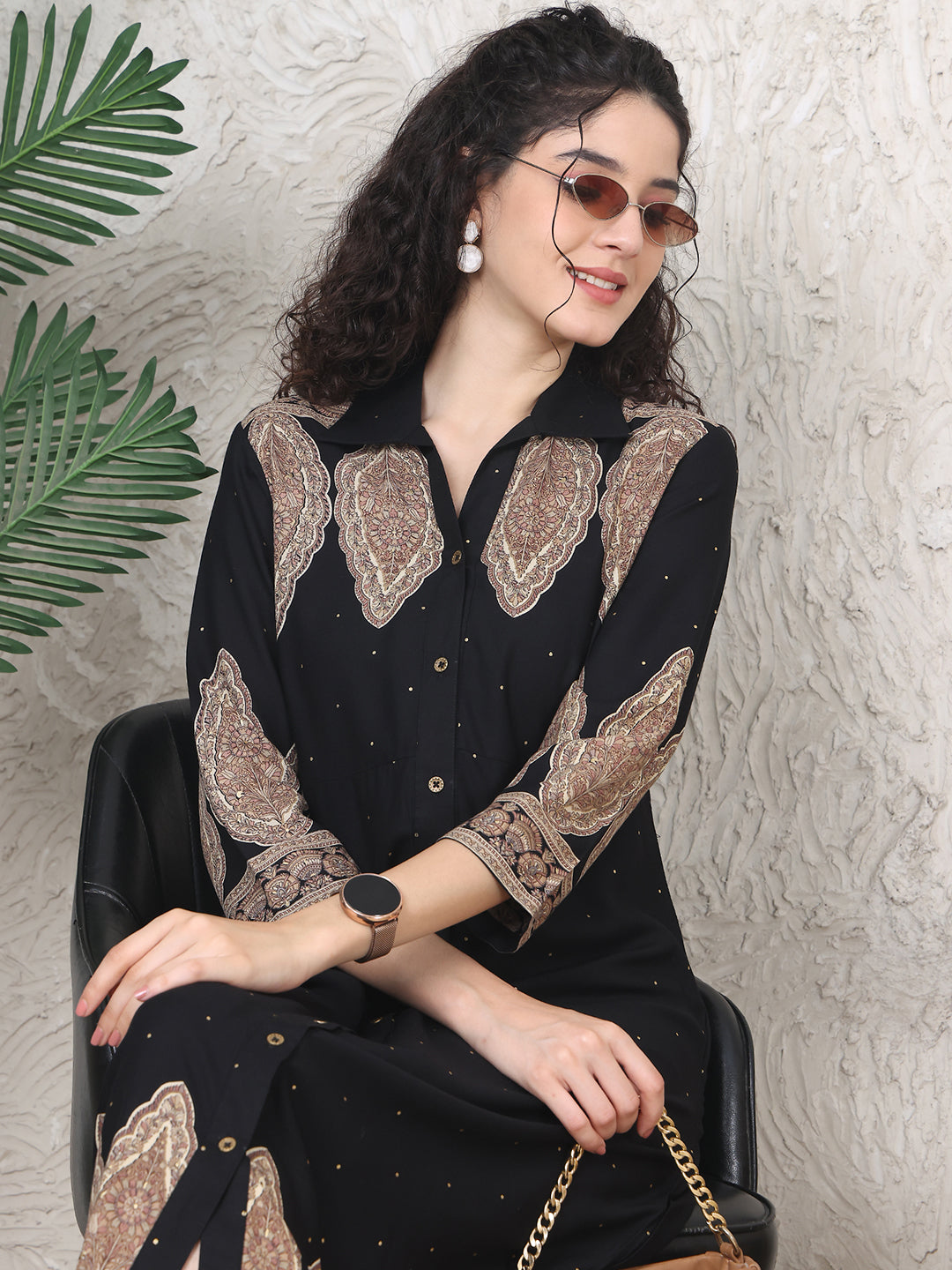 Black Colour Ethnic Motifs Printed Viscose Rayon Dress For Women