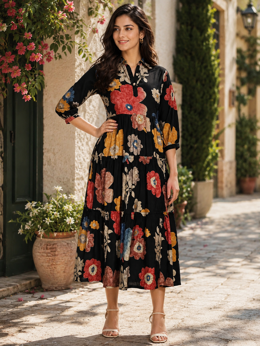 Black Floral Printed Premium Chanderi Flared Dress for Women | Claura