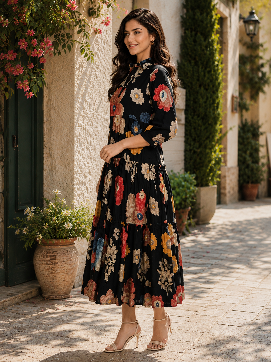 Black Floral Printed Premium Chanderi Flared Dress for Women | Claura