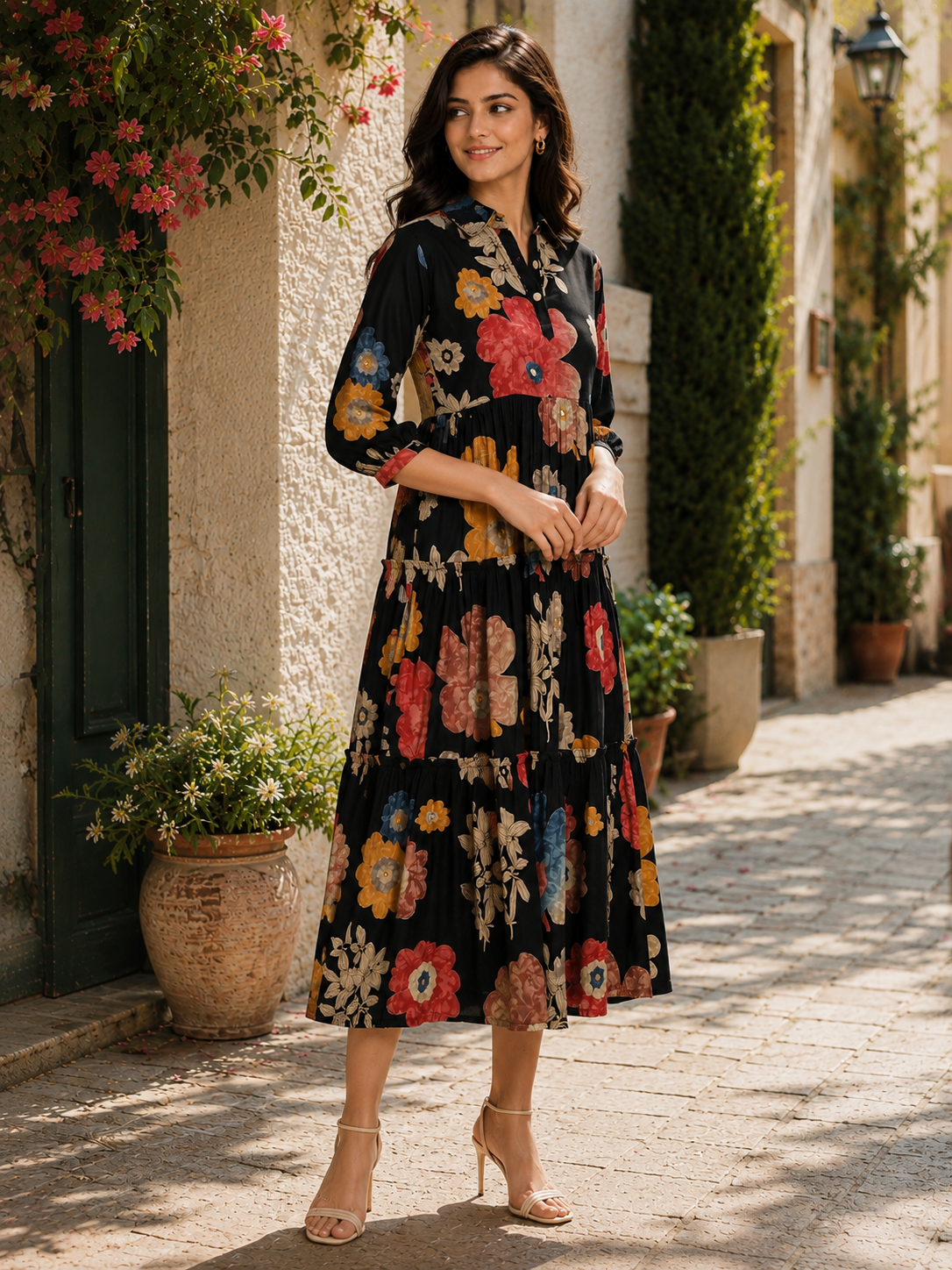 Black Floral Printed Premium Chanderi Flared Dress for Women | Claura
