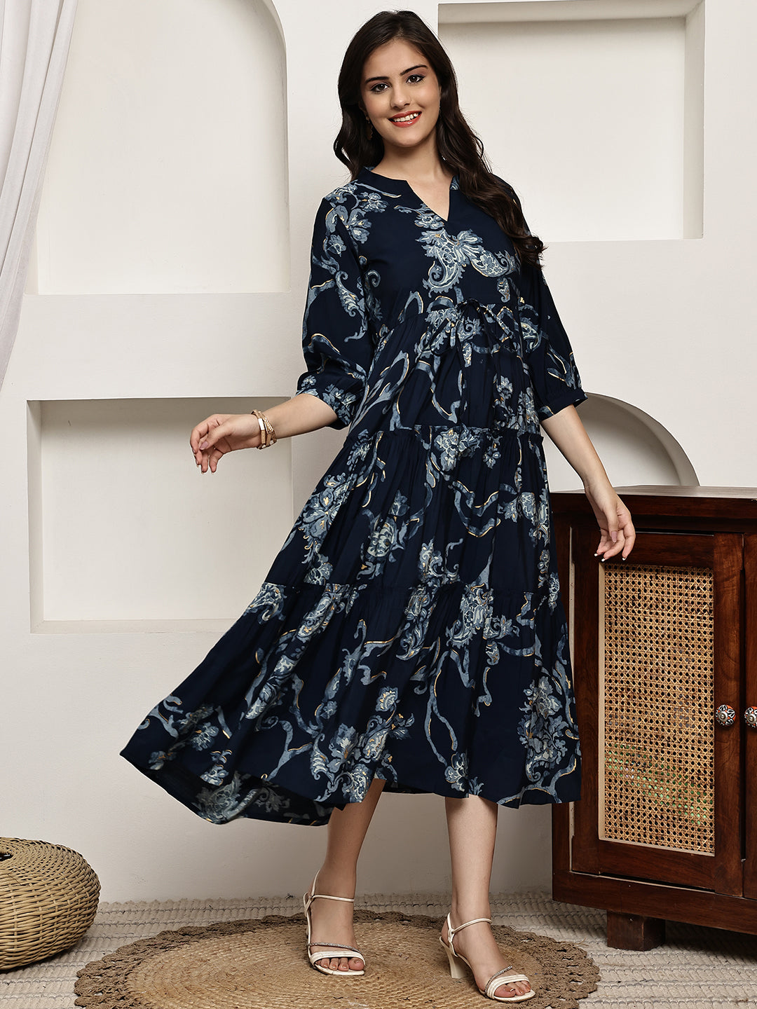 Close-up of Chanderi fabric detail on navy blue Dresses for Women
