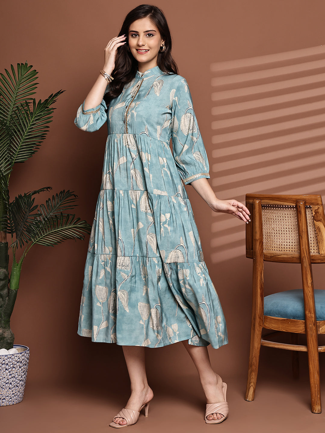 Close-up of Chanderi fabric detail on Blue Dress for Women
