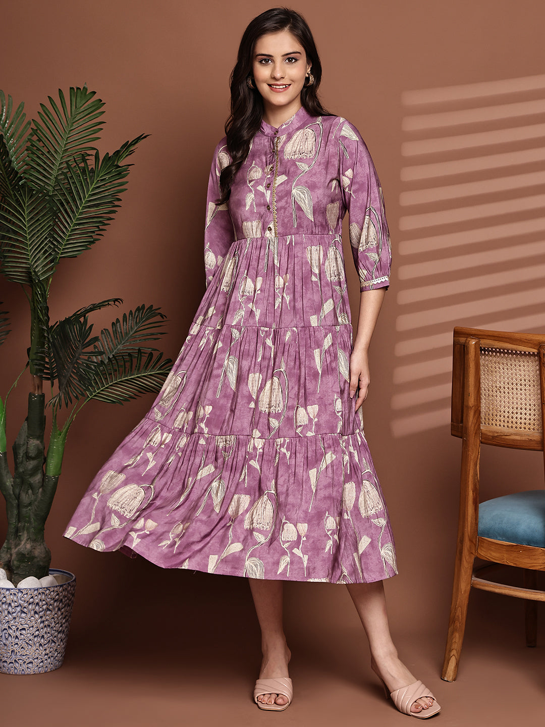 Mauve Colour Floral Printed Premium Chanderi Dress For Women