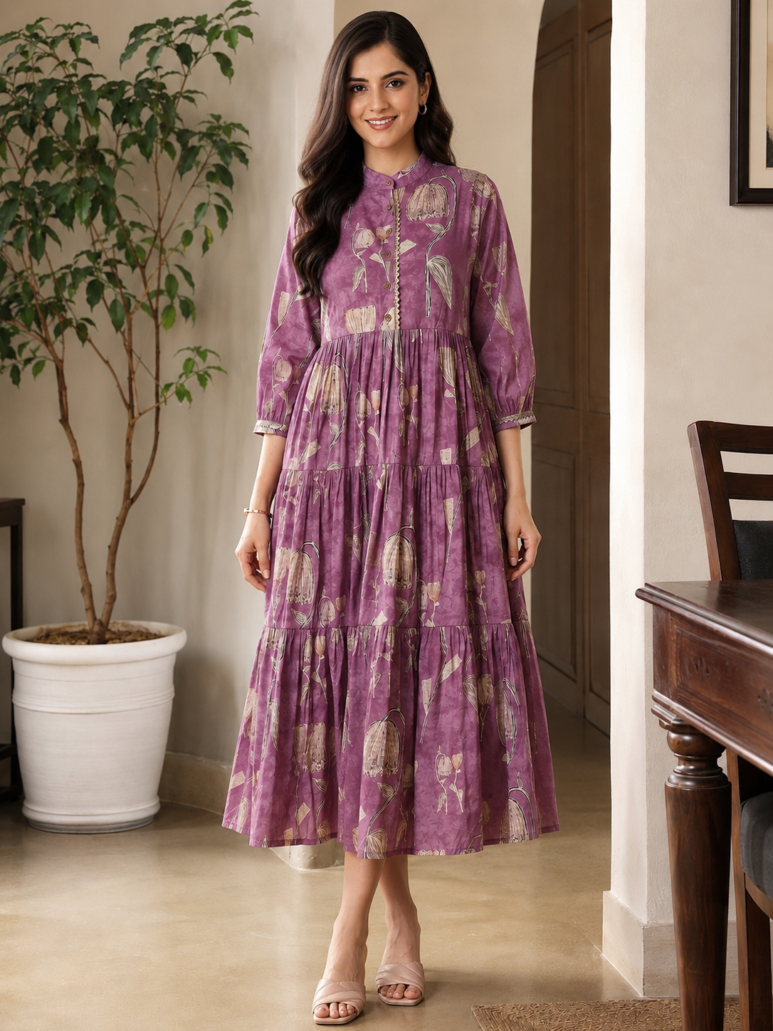 Mauve Chanderi Floral Printed Dress for Women | Claura