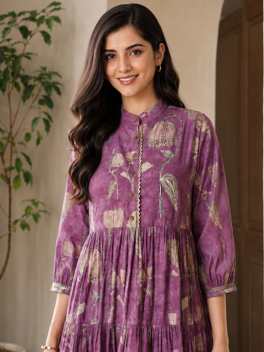 Mauve Chanderi Floral Printed Dress for Women | Claura