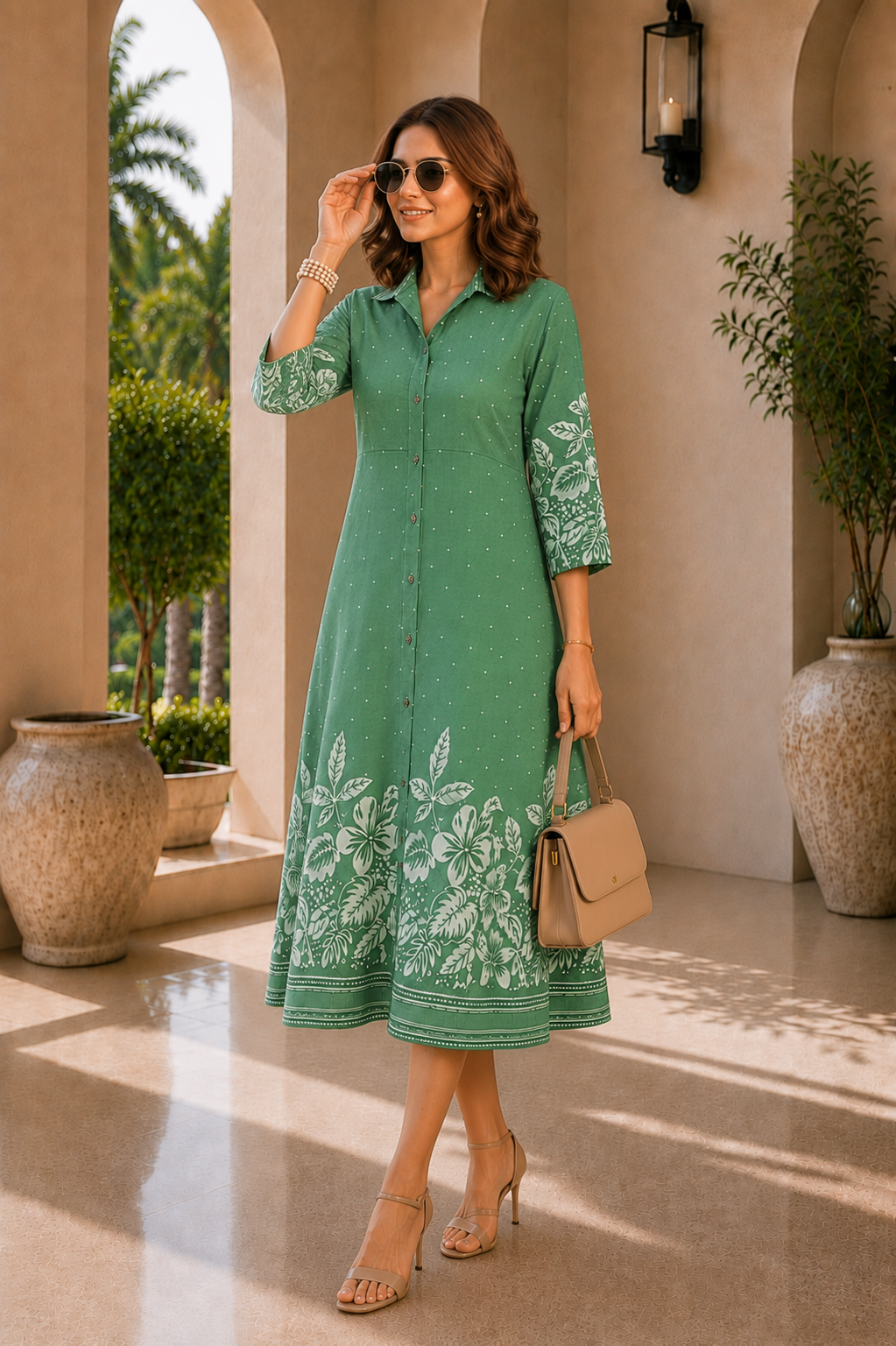 Green Floral Printed Chanderi Premium Long Dress for Women | Claura