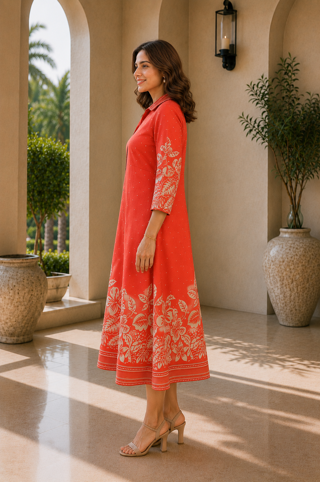 Orange Chanderi Floral Printed Dress for Women | Claura