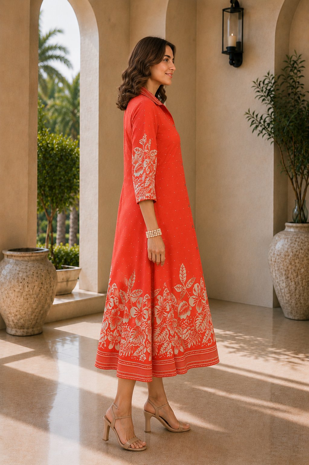 Orange Chanderi Floral Printed Dress for Women | Claura